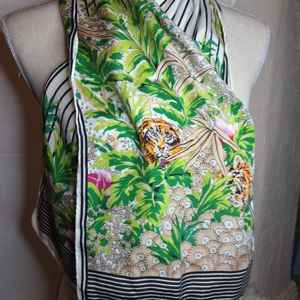 Vintage Silk Lush Jungle Motif Rectangular Scarf